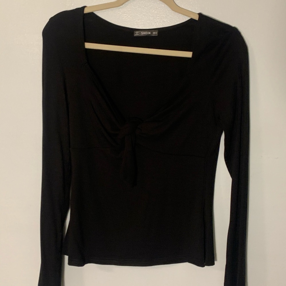 SHEIN Long Sleeve Scoop Neck Tie Shirt